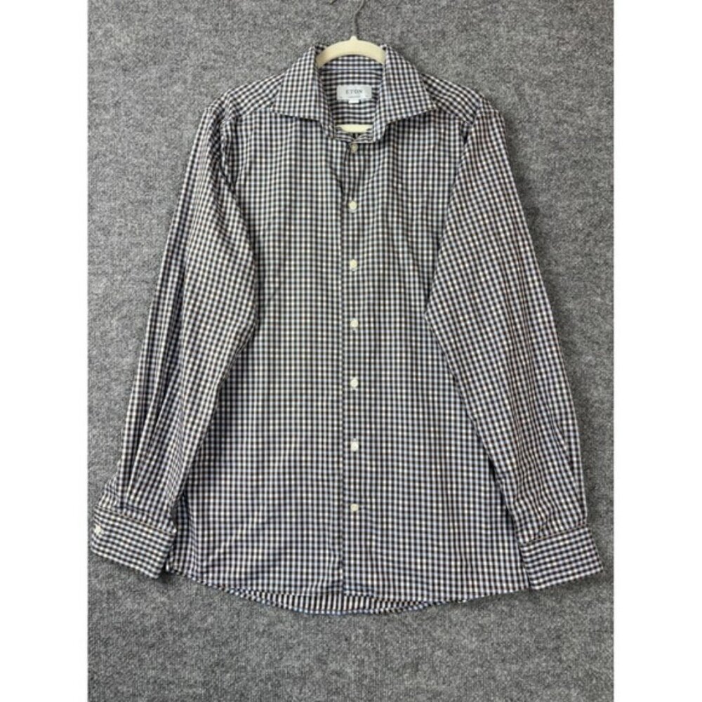 Eton Shirt Men Large Brown Blue Gingham Check Contemporary Fit Long Sleeve